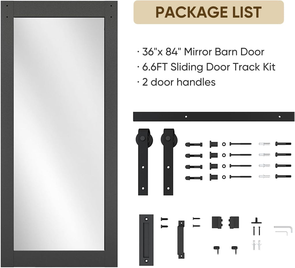 36in x 84in Mirror Barn Door with 6.6FT Sliding Door Hardware Kit Included, 1 Lites Full Length, Sol