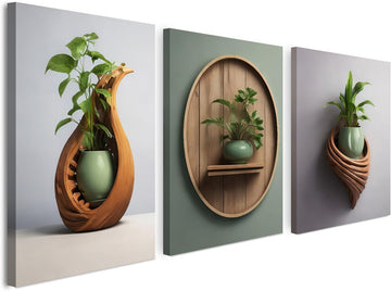 3 Piece Wall Art 16 x 20 Inches, Framed Canvas Set, Modern Botanical Vase Wall Decor Bedroom Office Hallway, Neutral