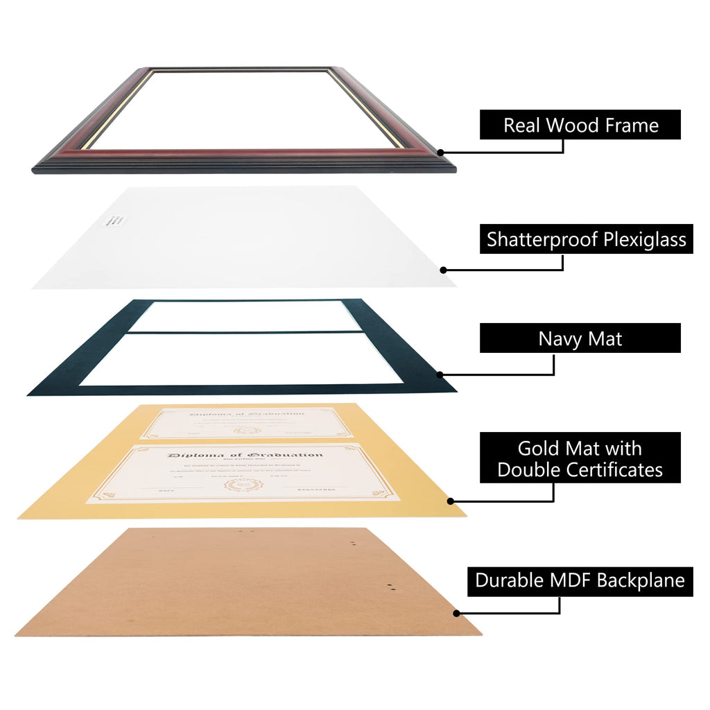 Double 8.5x11 Diploma Frame, Solid Wood & Tempered Glass, Cherry Finish with Gold Trim, Navy Blue & Gold Mat