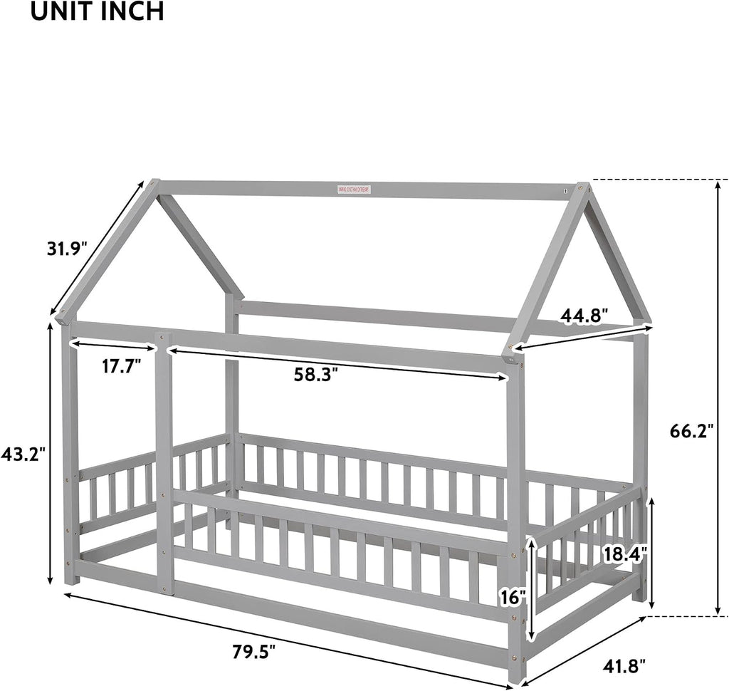 Montessori Floor Bed with Roof & Fence Guardrails for Boys Girls Bedroom, Floor Wooden Bed