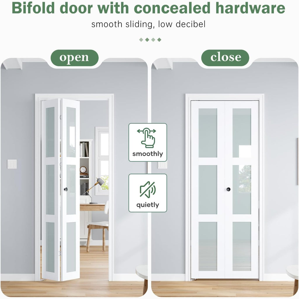 Bifold Doors for 32"×80-3/4" Opening, Preassembled White Frosted Glass Folding Barn Door, Sliding In