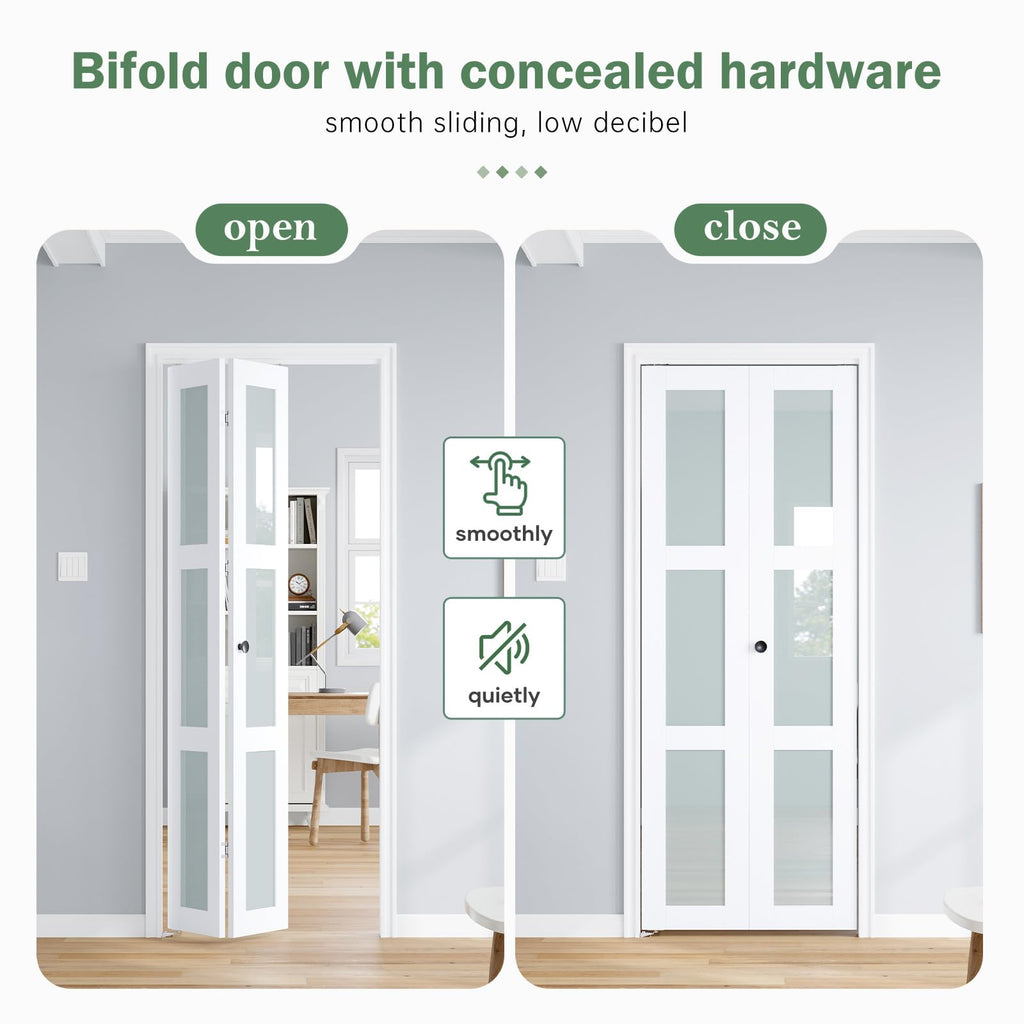 Bifold Doors for 30"×80-3/4" Opening, White Frosted Glass Folding Barn Door, Sliding Interior Wood Panel Closet