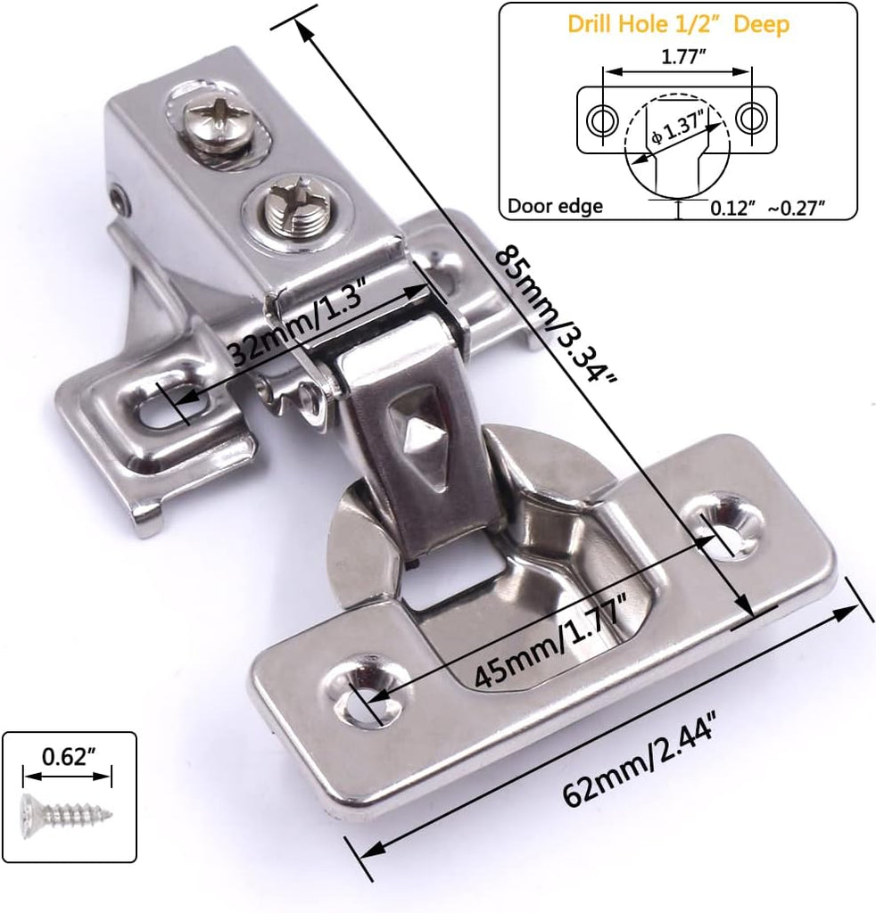 20 Pack Soft Close Cabinet Door Hinges for 1/2 Inch Overlay Cupboard, 105 Degree Opening Angel, Stainless Concealed