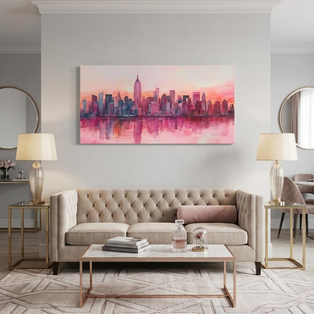 York City Skyline Canvas Wall, Pink Watercolor Manhattan Cityscape Print, Modern Urban Decor Bedroom Office