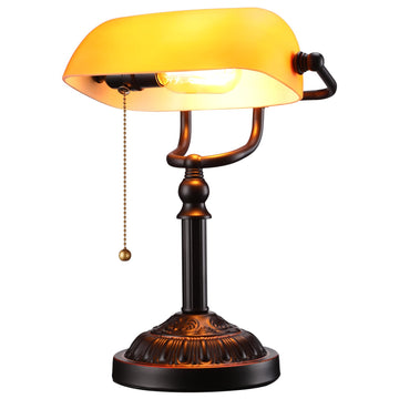 Amber Glass Bankers Desk Lamp with Pull Chain, E26 Base