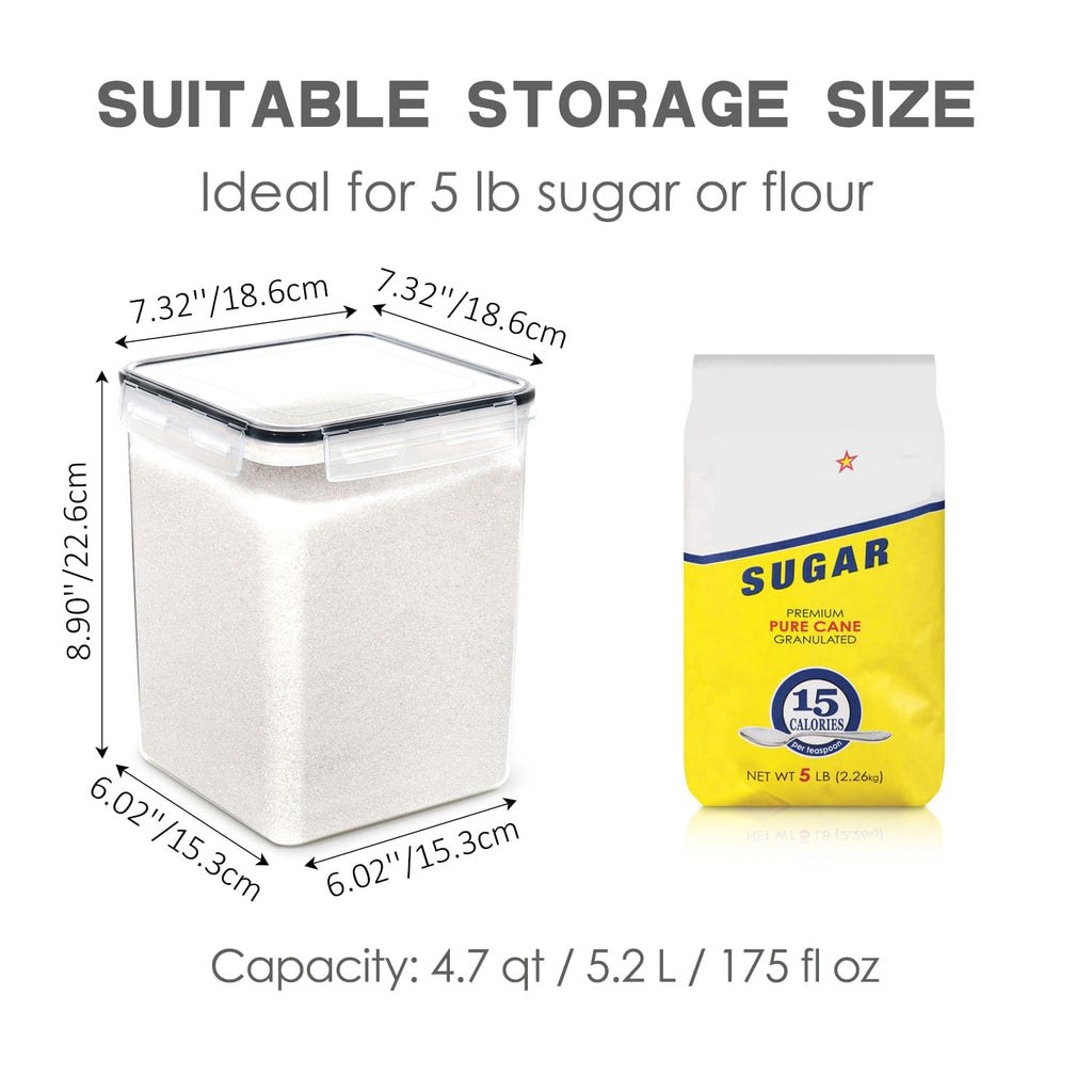 Large Food Storage Containers with Lids Airtight 5.2L /176Oz, for Flour, Sugar, Baking Supply, 3PCS BPA Free Plastic