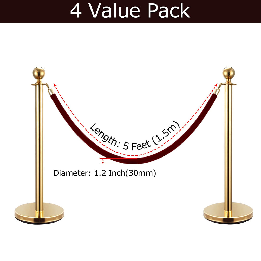 4 Pack 5 Feet Burgundy Velvet Stanchion Rope, Crowd Control Ropes with Gold Clasps, Foam Core Queue Safety Sarriers