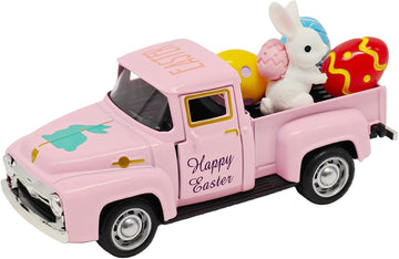 Pink Easter Decorations - Mini Farmhouse Vintage Metal Truck with Easter Eggs & Bunny, Pink Spring Farm-Style Pickup