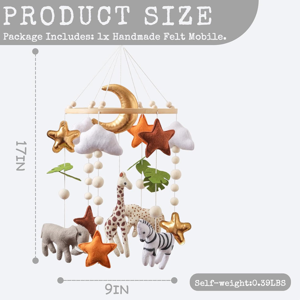 Baby Crib Mobile - Felt Safari Animals Hanging Mobile - Giraffe Elephant Zebra Ceiling Decor for Boys Girls - Gold