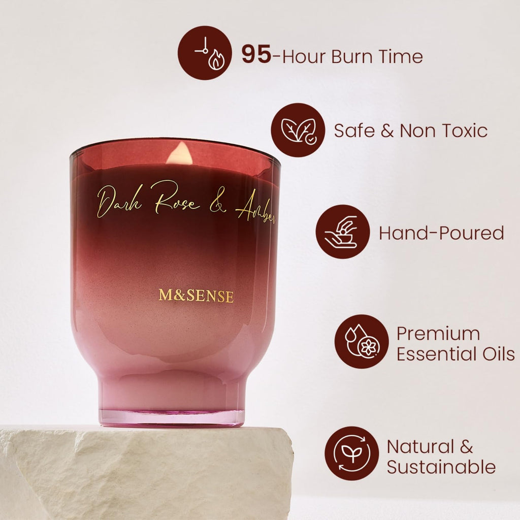 16.6oz Natural Soy Large Jar Candle with Wooden Wick | Dark Rose Amber Scent | 95-Hour Burn & Long-Lasting Burn