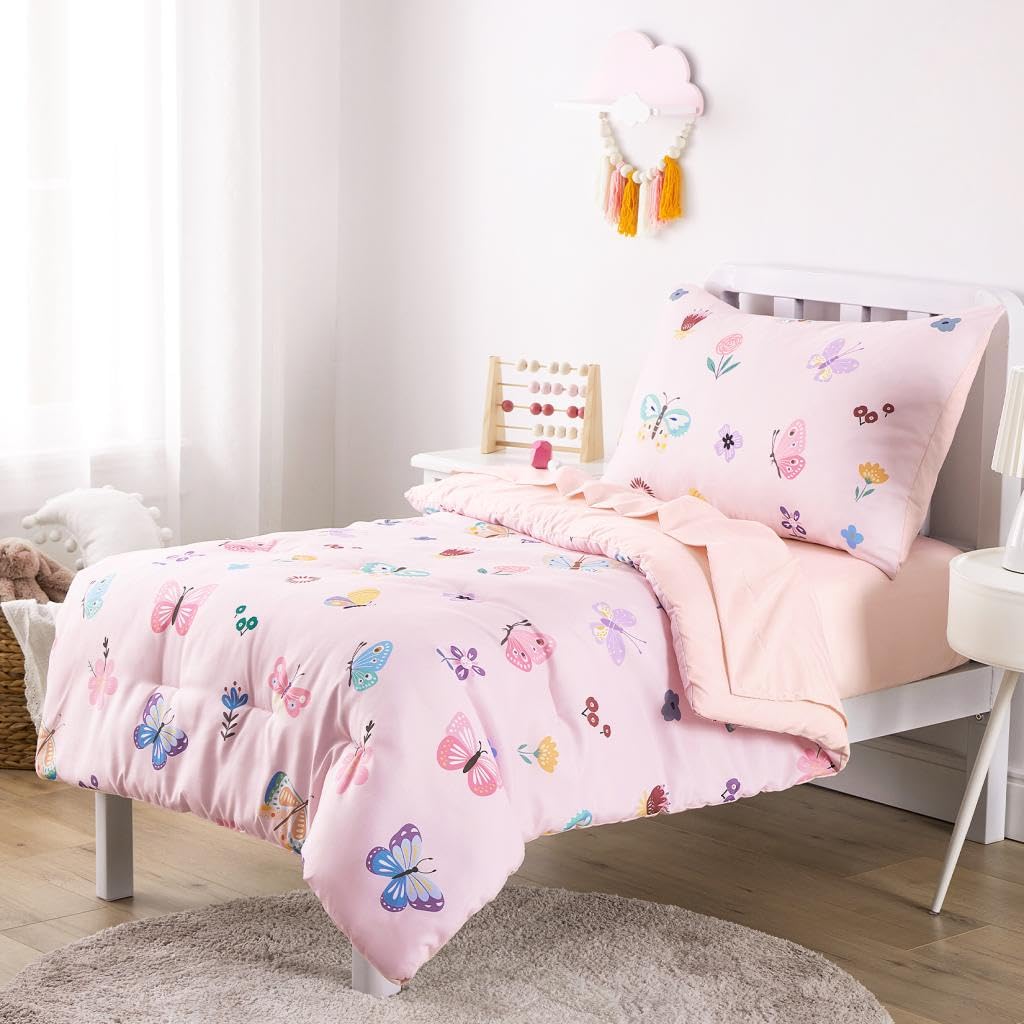 Butterfly Toddler Bedding Set for Girls, Cute Colorful Butterfly with Floral Flowers, 4 Pieces Soft Crib Bed Set