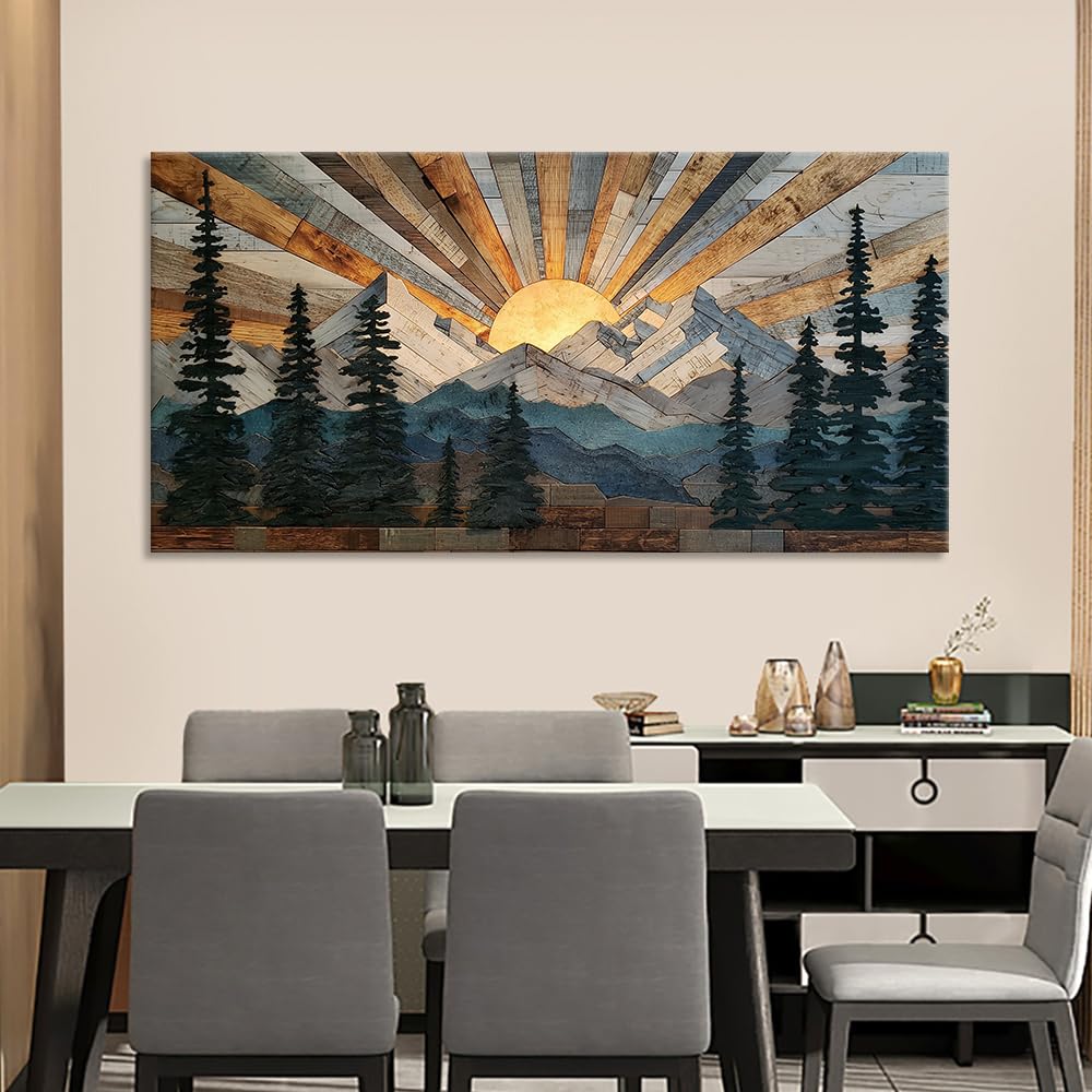 Boho Rustic Farmhouse Mountain Wall Art Sunrise Pine Tree Forest Nature Scenery Paintings Pictures Wall Decor Wood