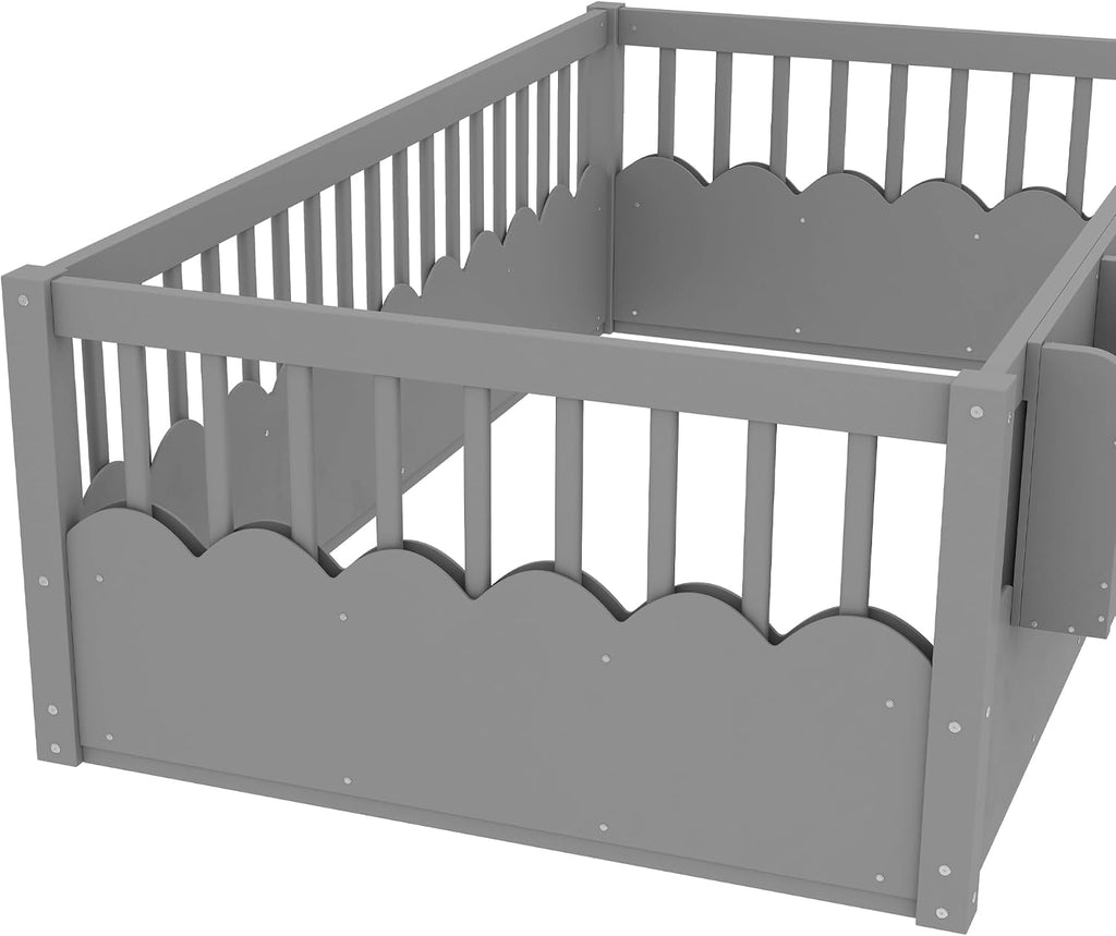 Floor Bed with Bookshelf and Safety Guardrail, Montessori Floor Bed with Fence, Easy Assemble