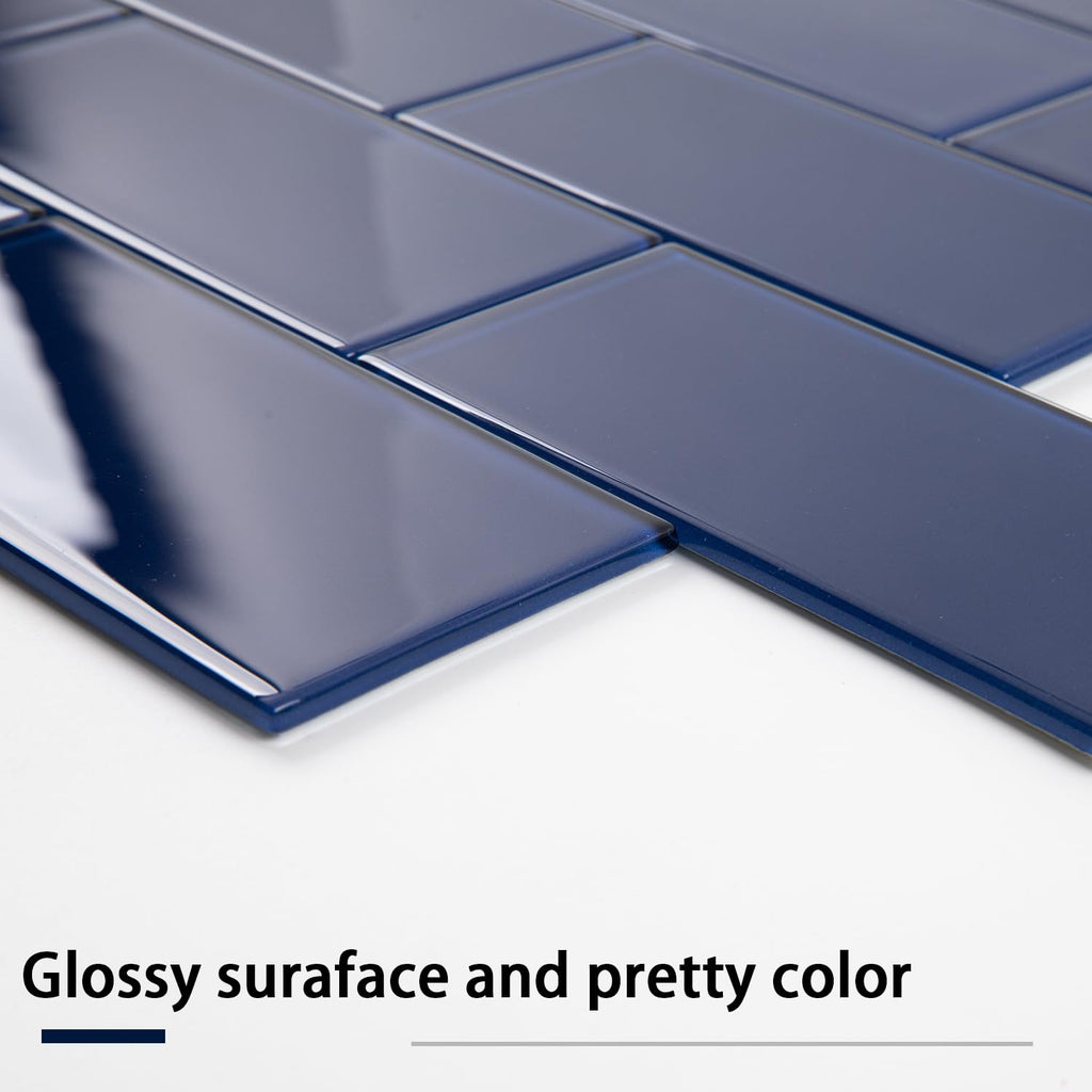Peel and Stick Glass Subway Tile, 3 x 6 Inch, 5 Sq Ft, Cobalt Blue Glass Kitchen Backsplash Wall, 40-Pack