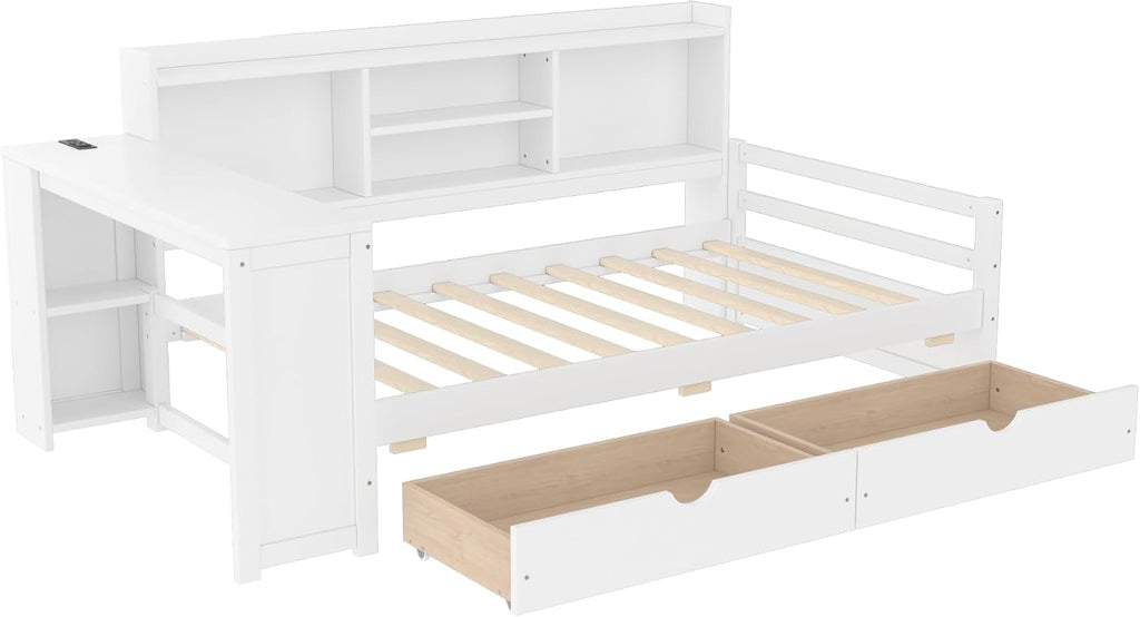 Twin Size Daybed with Desk, Corner Bed with Storage, White | Storage Shelves and Drawers, Charging Station & USB