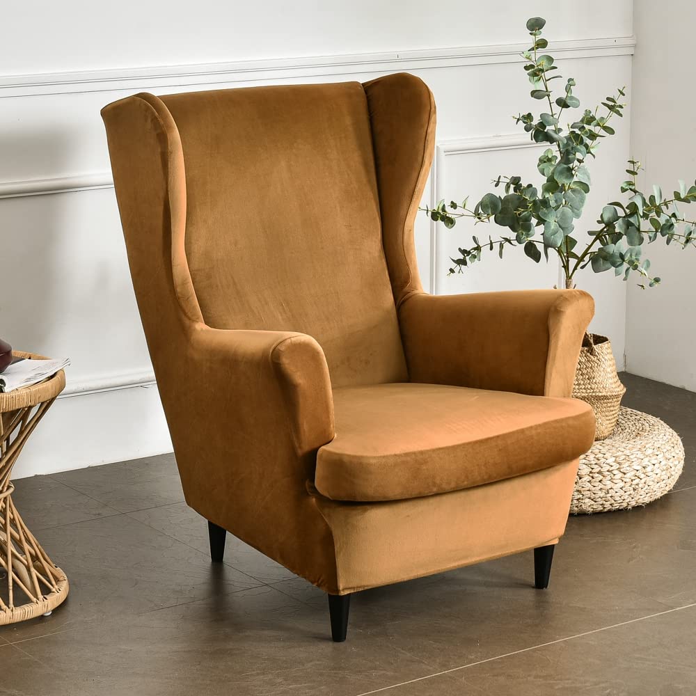 Wingback Chair Slipcover 2-Piece Velvet Stretch Wing Chair Slipcovers with Cushion Cover Removable Washable Armchair