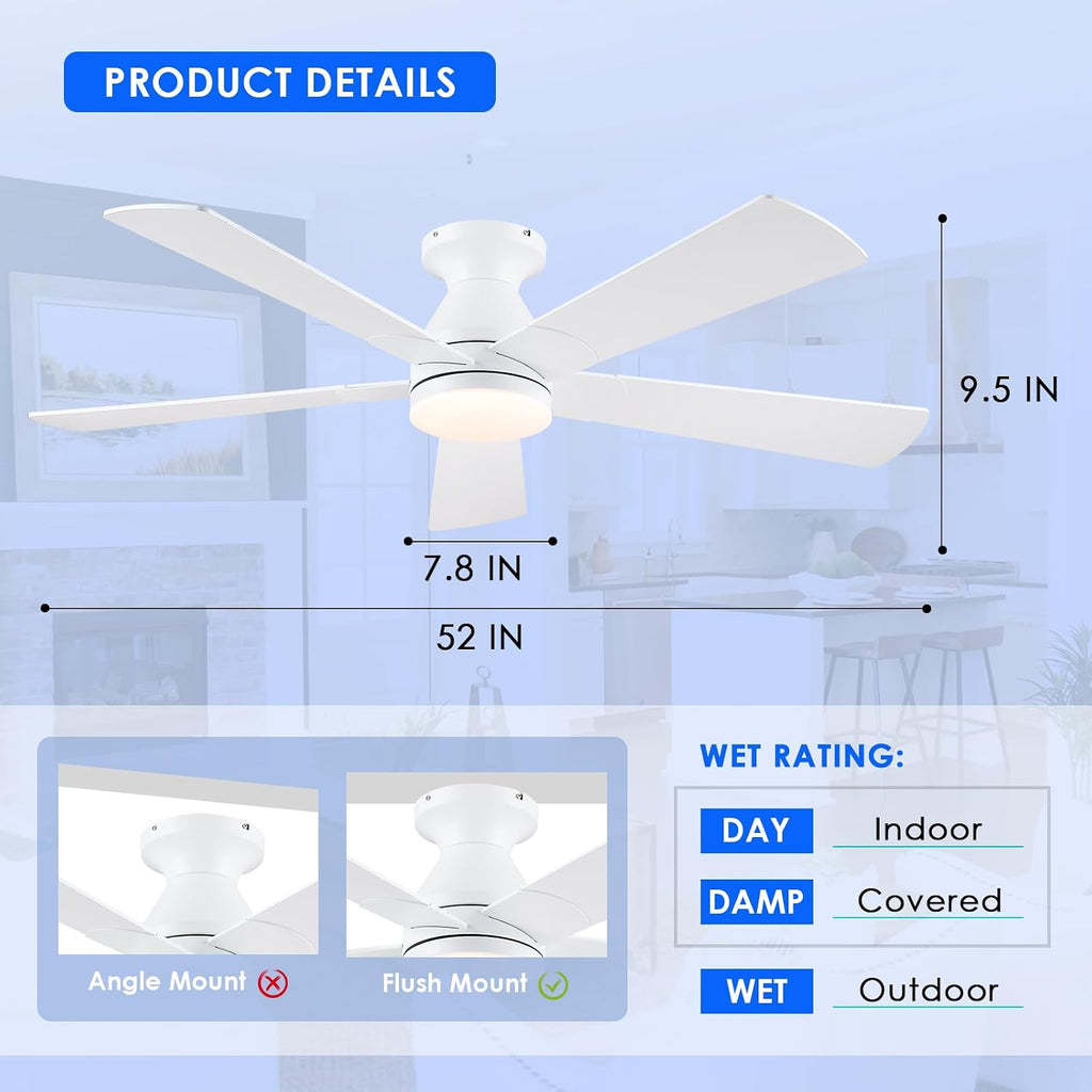 52in Ceiling Fans with Lights - White Flush Mount Ceiling Fan Light with Remote, 6 Wind Speeds and Reversible, Modern Low Profile Fan Light for Indoor/Covered Outdoor A101-B0DTD1M3KT