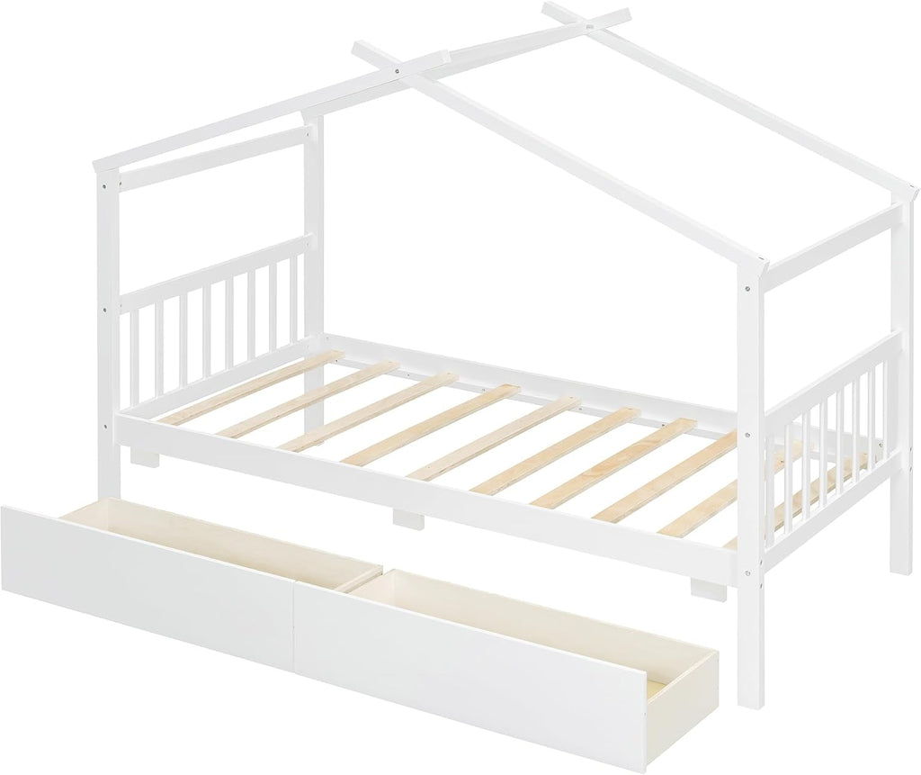 Twin Size House Bed with 2 Storage Drawers Wooden Kids Montessori House Bed Frame Wood Playhouse Tent Bed for Girls