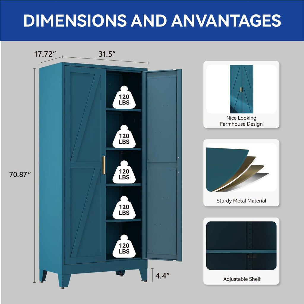 71'' Tall Wardrobe Closet with Doors, Metal Bedroom Armoire with Adjustable Hanging Rod and Shelves, Farmhouse Broom
