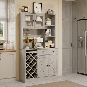 Contemporary Upright Storage Cabinet with Wine Bottle Rack | Built-in Outlet Spacious Shelves Multi-Functional