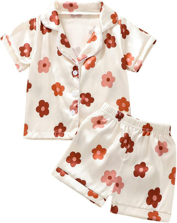 Toddler Girls Floral Silk Pajamas Short Sleeve Button-Up Top Shorts Summer 2PC Flowers Satin Pajamas Set