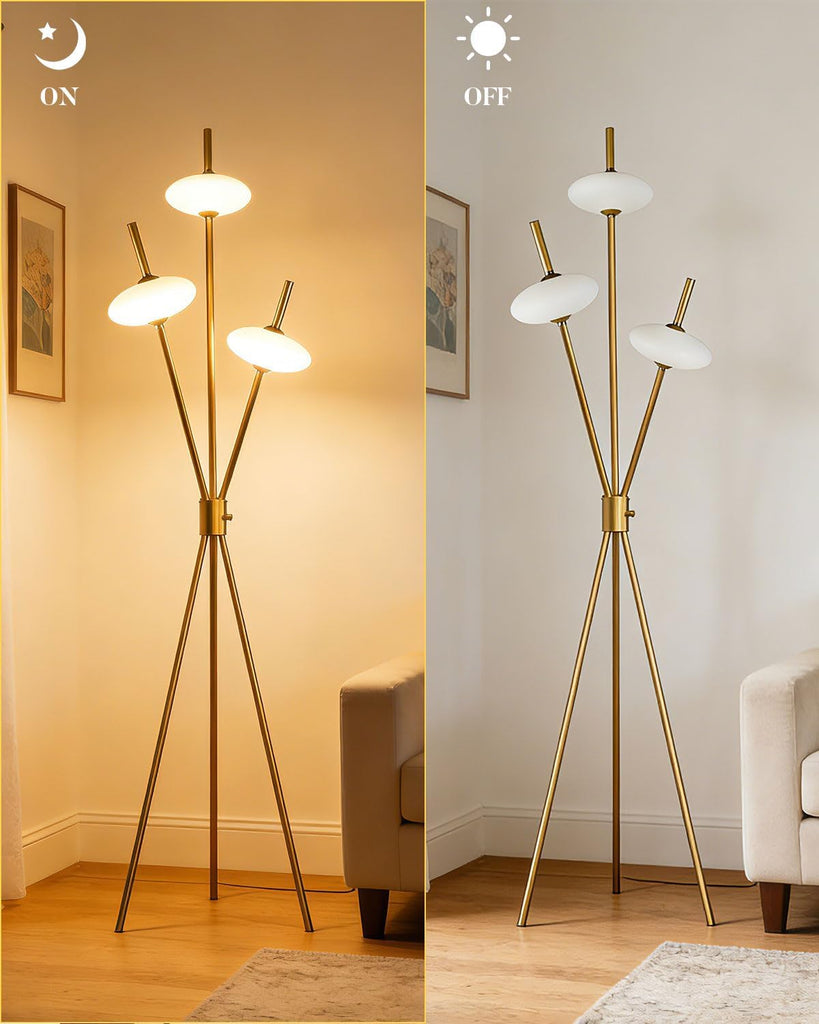 Tripod Floor Lamp Stepless Dimmable Gold Standing Tall Lamps with 3PCS Elliptical Lampshades Mid Century Modern Floor