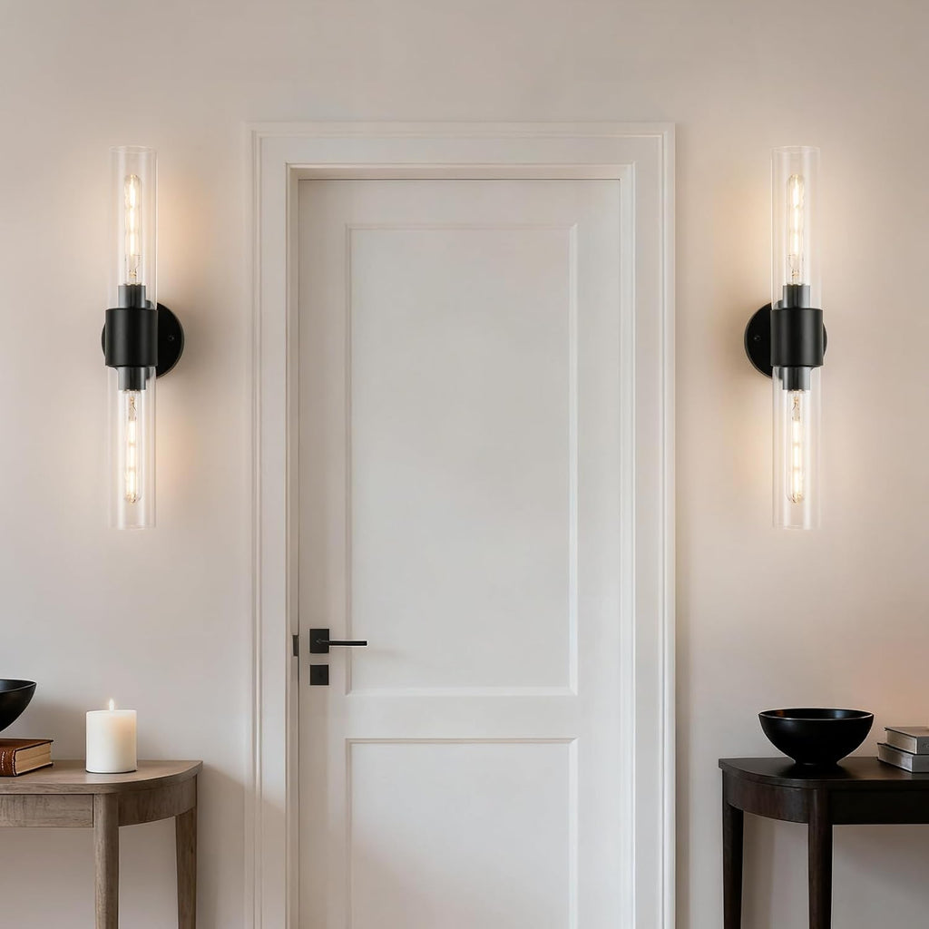 22" Matte Black Wall Lamps,Bathroom Sconces Set of 2 | Industrial Glass Vanity Light, E26 Base,Modern Glass Wall