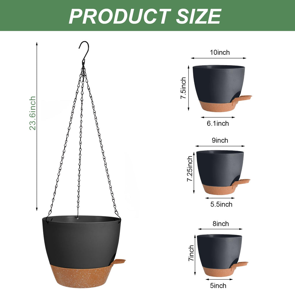 10/9/8 Inch Hanging Planter for Indoor Outdoor Plants, 3 Pack Self-Watering Hanging Pot with Drainage Holes Hanging
