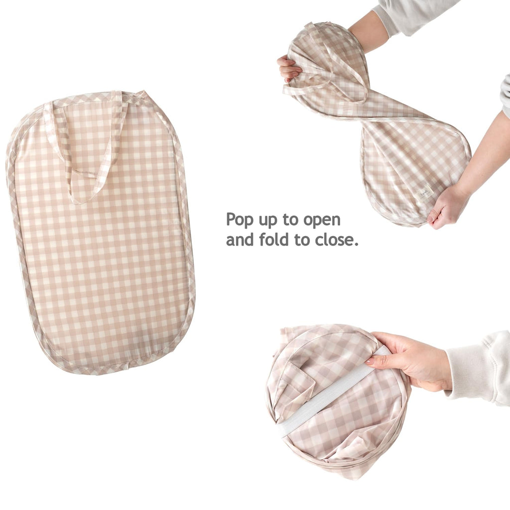 Pop Up Hamper, Collapsible Laundry Basket, Gingham Beige