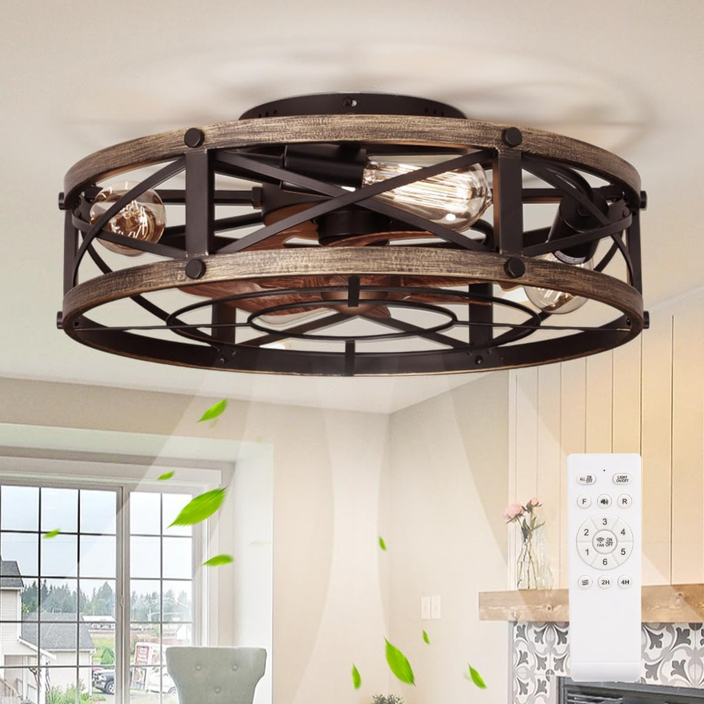 Farmhouse Flush Mount Caged Ceiling Fans with Lights, 6 Speeds, Rustic Low Profile Ceiling Fan with Light and Remote, Small Bladeless Ceiling Fans with Lights for Kitchen, Bedroom A101-B0D9MBN9QG