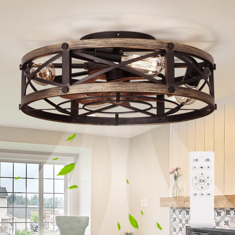 Farmhouse Flush Mount Caged Ceiling Fans with Lights, 6 Speeds, Rustic Low Profile Ceiling Fan with Light and Remote, Small Bladeless Ceiling Fans with Lights for Kitchen, Bedroom A101-B0D9MBN9QG