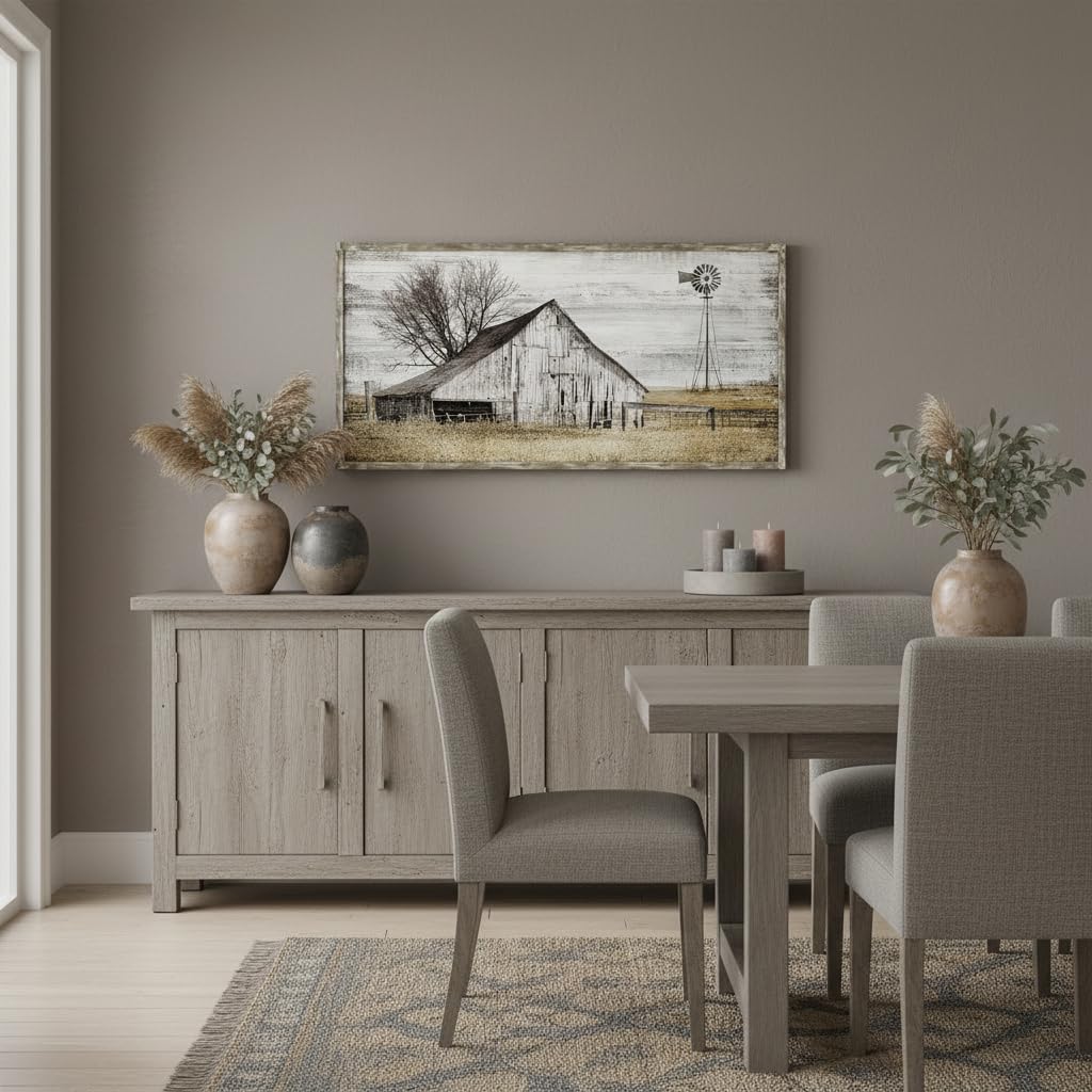 Barn Framed Wall Art Farmhouse: Rustic Farm Wood Picture Decor Large Windmill Country Scene Painting Horizontal