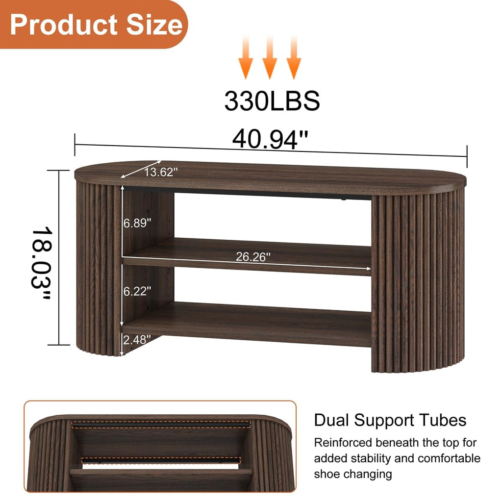 Shoe Storage Bench, Oval Fluted Entryway Bench with 5-Position Adjustable Shelf, Modern Mid-Century Wood Benches