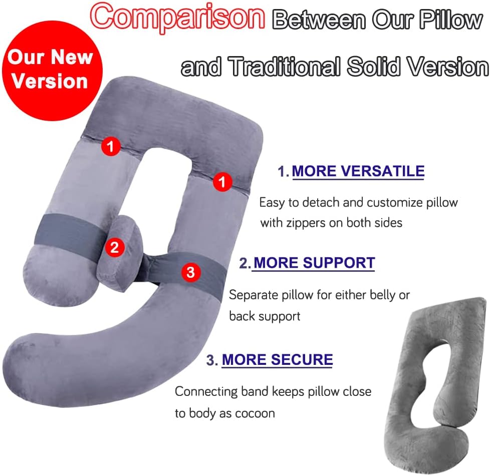 60in Full Body Pillow | Nursing, Maternity and Pregnancy Pillow | Extra Large U Shape Pillows with Detachable Side