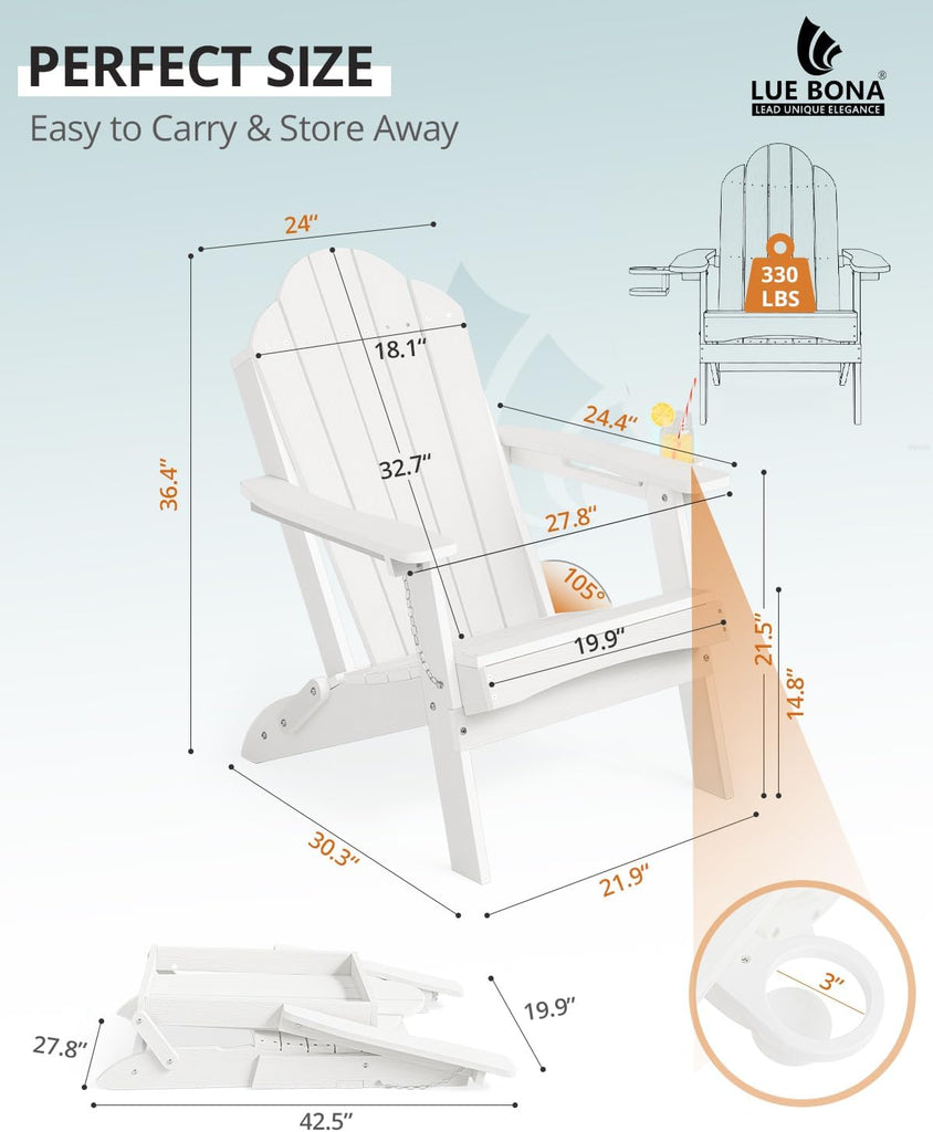 HDPE Folding Adirondack Chair, Cup Holder, Set of 2, White | HDPE poly lumber, folable, all-weather resistant, Low