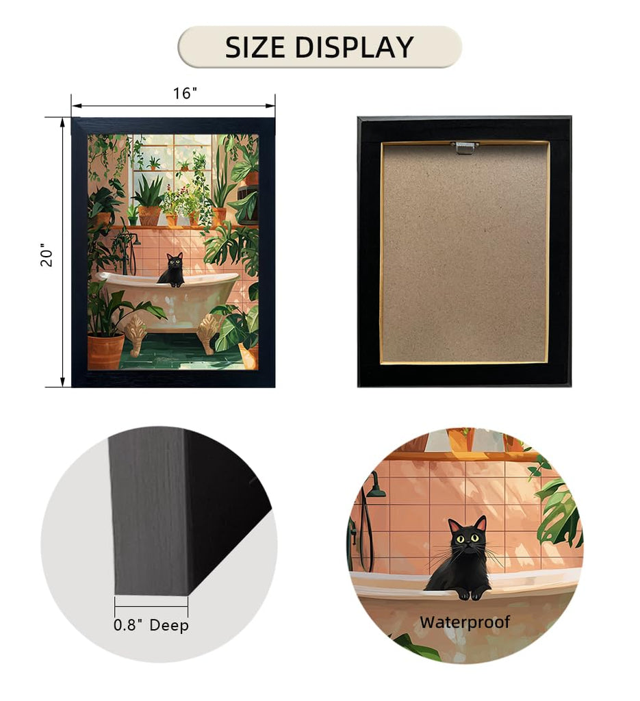 Framed Funny Bathroom Wall Decor Green Plant Picture Painting Modern Bathroom Wall Art Bath Black Cat Canvas Print