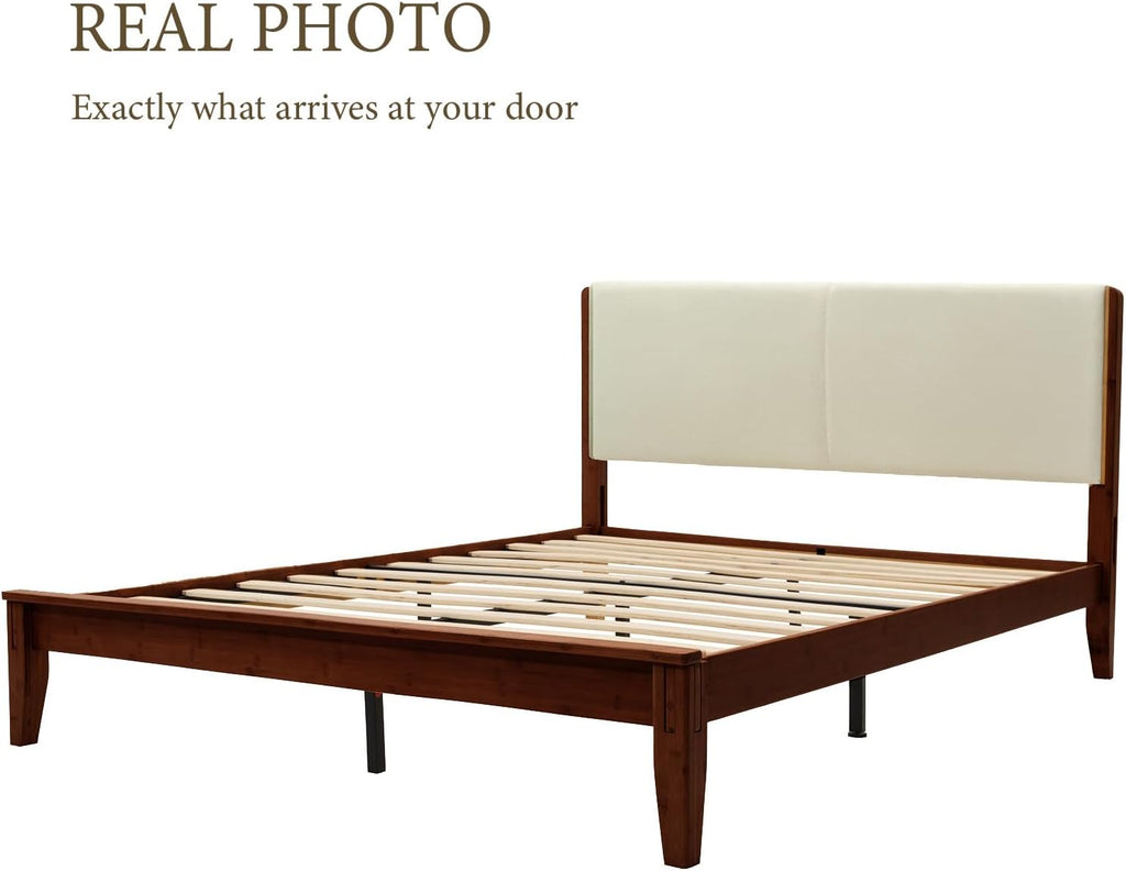 Bed Frame, Japanese Joinery Bed Frame, Bamboo Wood Platform Bed with Noise Free Wood Slats and Metal