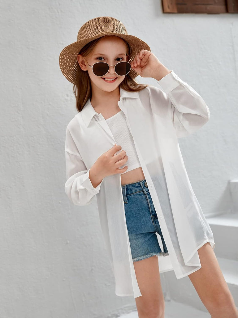 Girl's Sheer Button Down Shirt Oversized See Through Tops