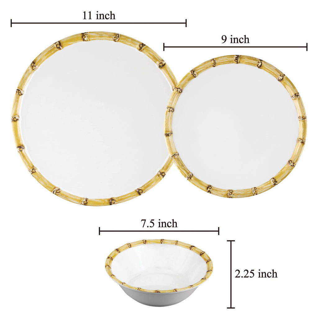 12 Piece Bamboo Melamine Dinnerware Sets, Outdoor Dishes Set, Plates and Bowls Sets, Service for 4, White