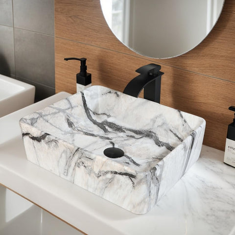 Bathroom 19"X15" Vessel Sink,Ceramic Vessel Sink with Faucet and Drain Combo Rectangular Small Sink Marble Vanity