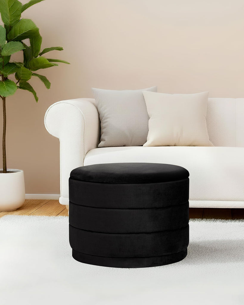 22.8" Round Velvet Storage Ottoman with Tray, Black