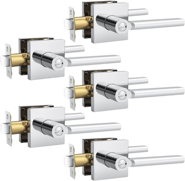 5 Packs Polished Chrome Door Handles Interior Door knob Privacy Lever Square Keyless Lock Right & Left Side Door Lock