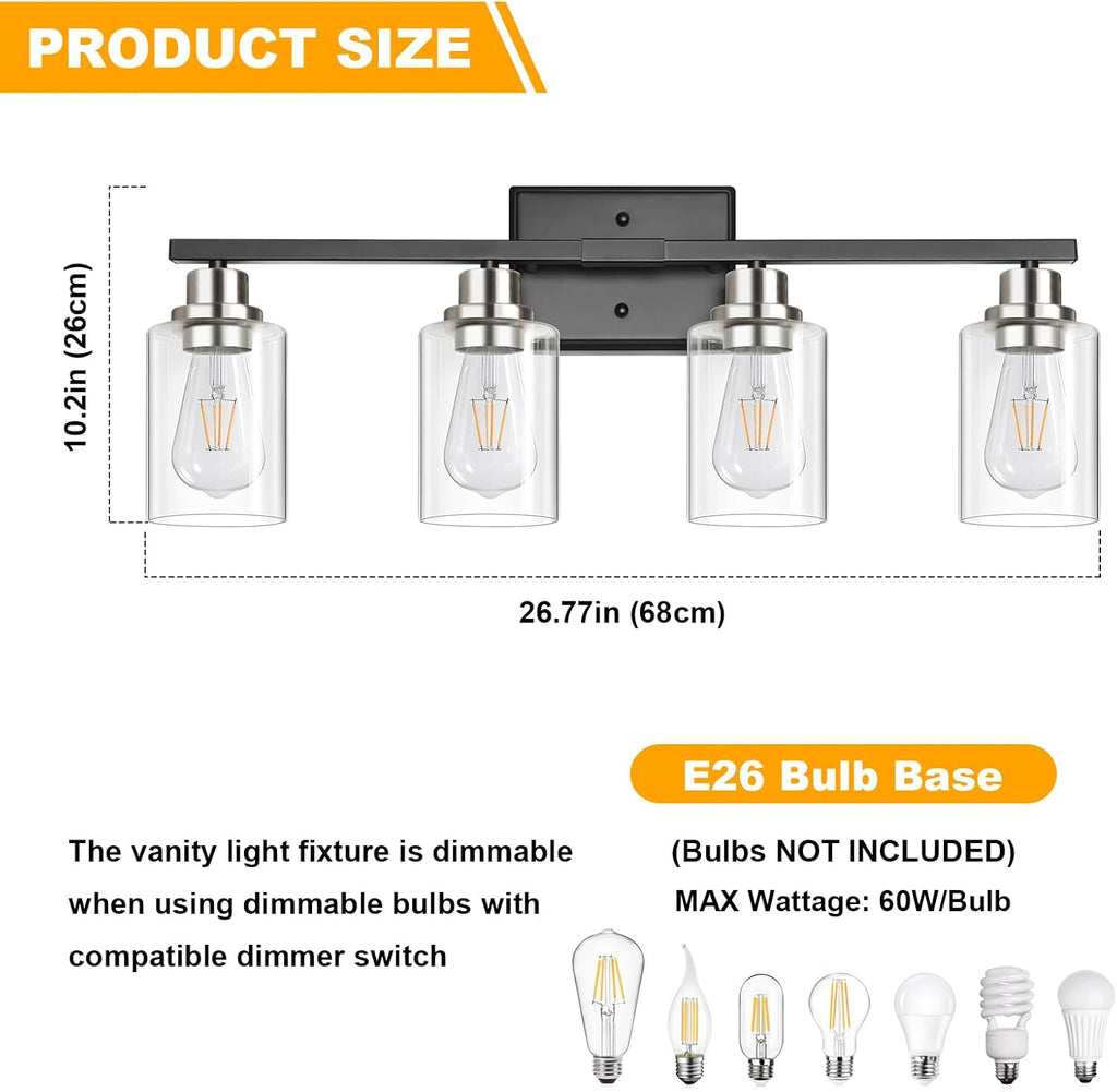 Modern Bathroom Light Fixtures, 4 Light Vanity Lights Over Mirror, Black and Brushed Nickel Wall Lamp with Clear