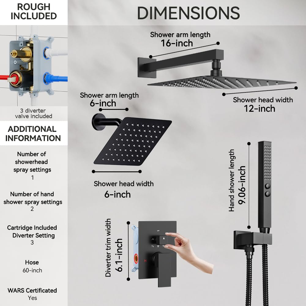 Thermostatic Shower System Matte Black, Shower Faucets Sets 12+ 6" Wall Mount Rain Shower and 2 in 1 Handhled, Can