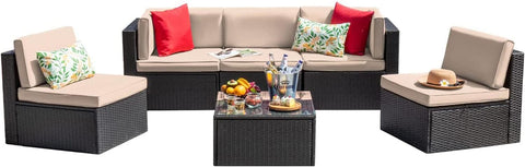 Patio Furniture Sets 6 Pieces Outdoor Sectional Rattan Sofa Manual Weaving Wicker Patio Conversation Set with Glass
