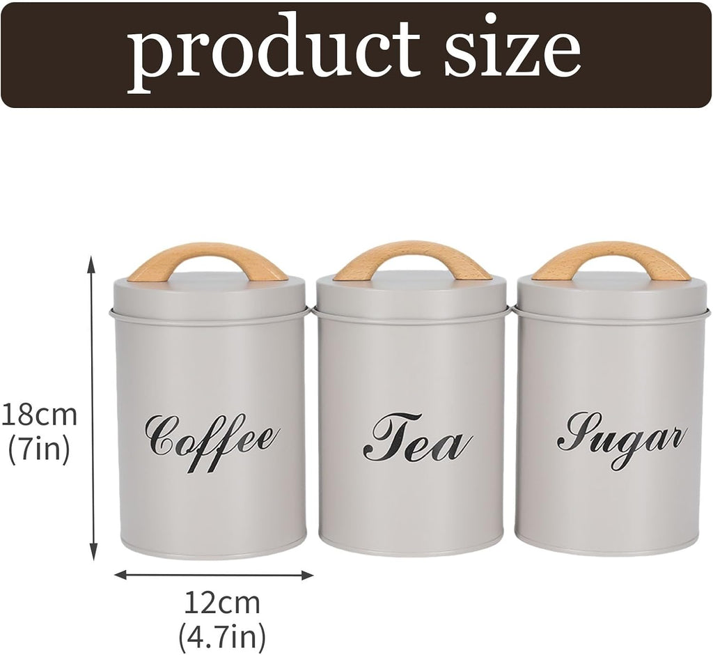 Coffee Sugar Tea Canister Set, 3 Pack Metal Kitchen Containers with Airtight Lids and Wood Handle, Labeled Food - Set of 3