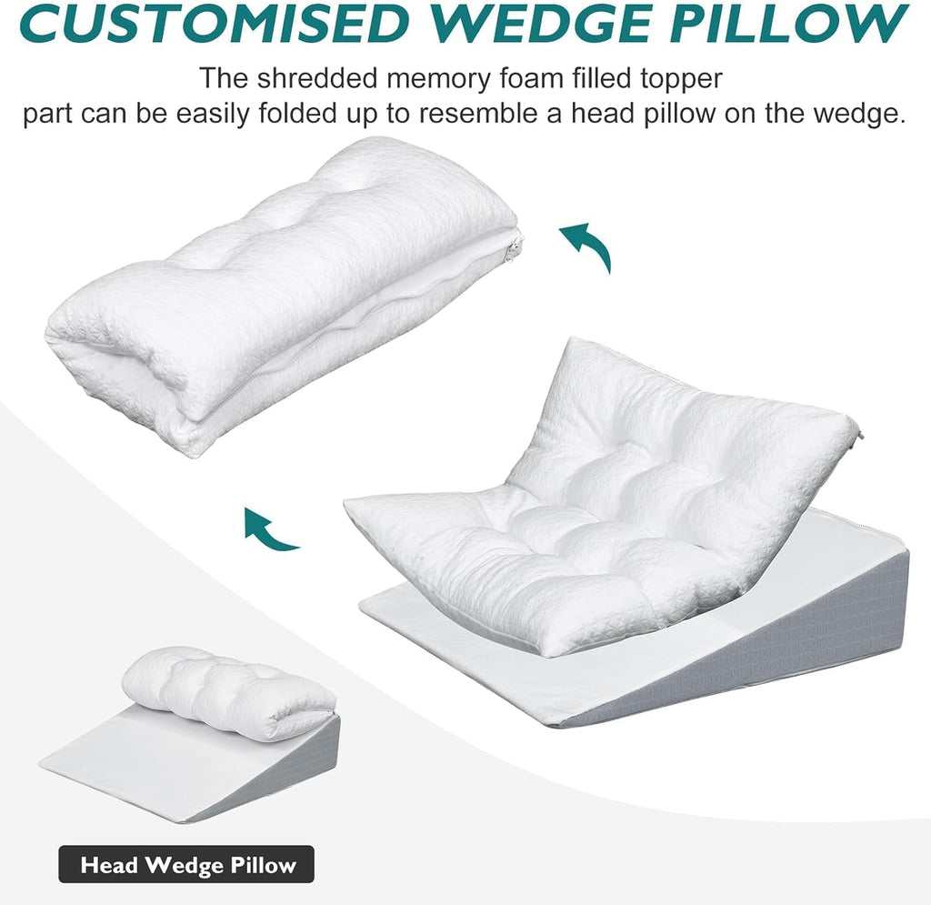 Bed Wedge Pillow for Sleep Apnea 7.5Inch Gerd Pillow Patent Dual Layer Triangle Pillow Adjustable Shredded Memory