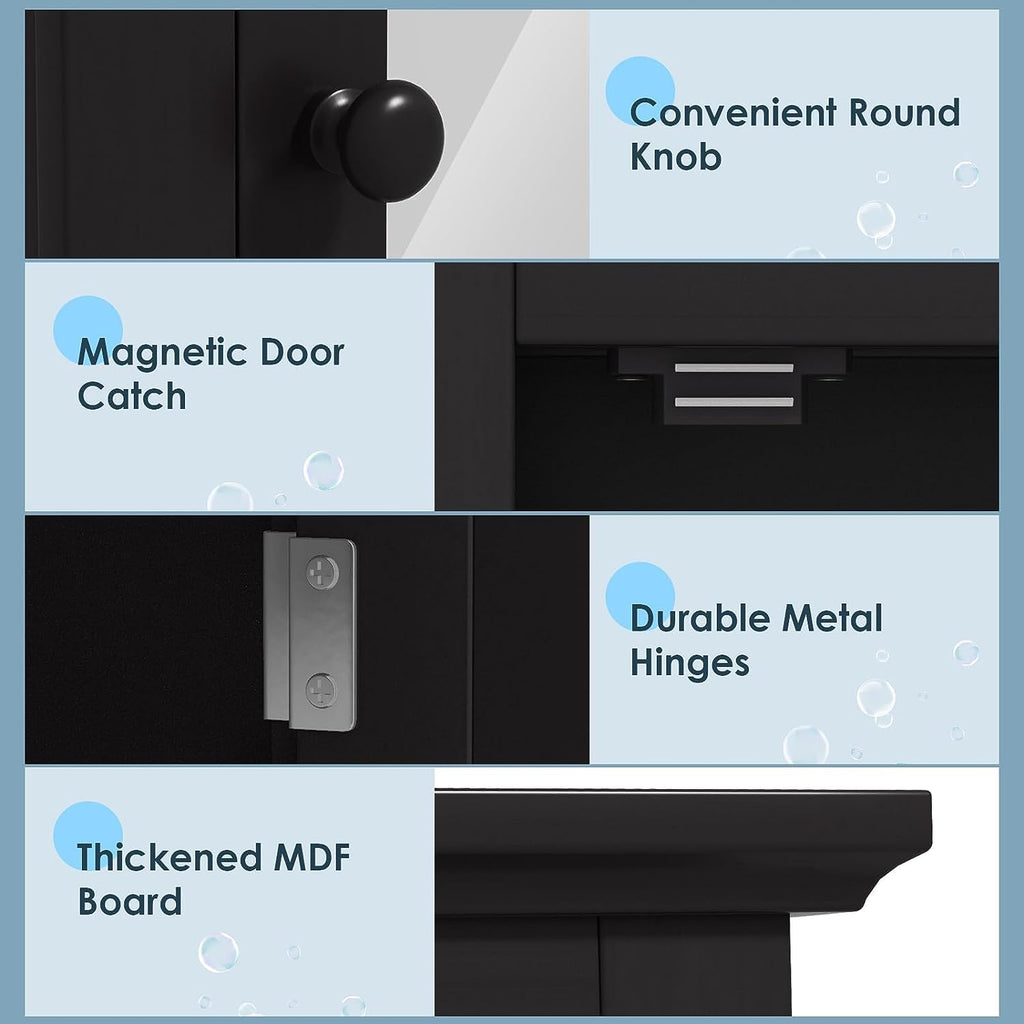 Black Medicine Cabinet Wall Mounted with Mirror Adjustable Storage