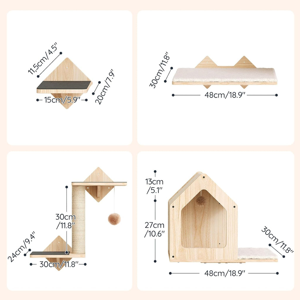 Wood Cat Wall Shelves, Set of 5 Cat Wall Mounted Furniture, Climbing Shelves with House, Steps, Scratching Post