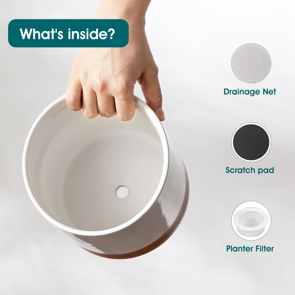 6"+8"+10" Ceramic Pot for Plants, Large Outdoor Indoor Planter Pots with Drainage Holes, Set of 3, Khaki